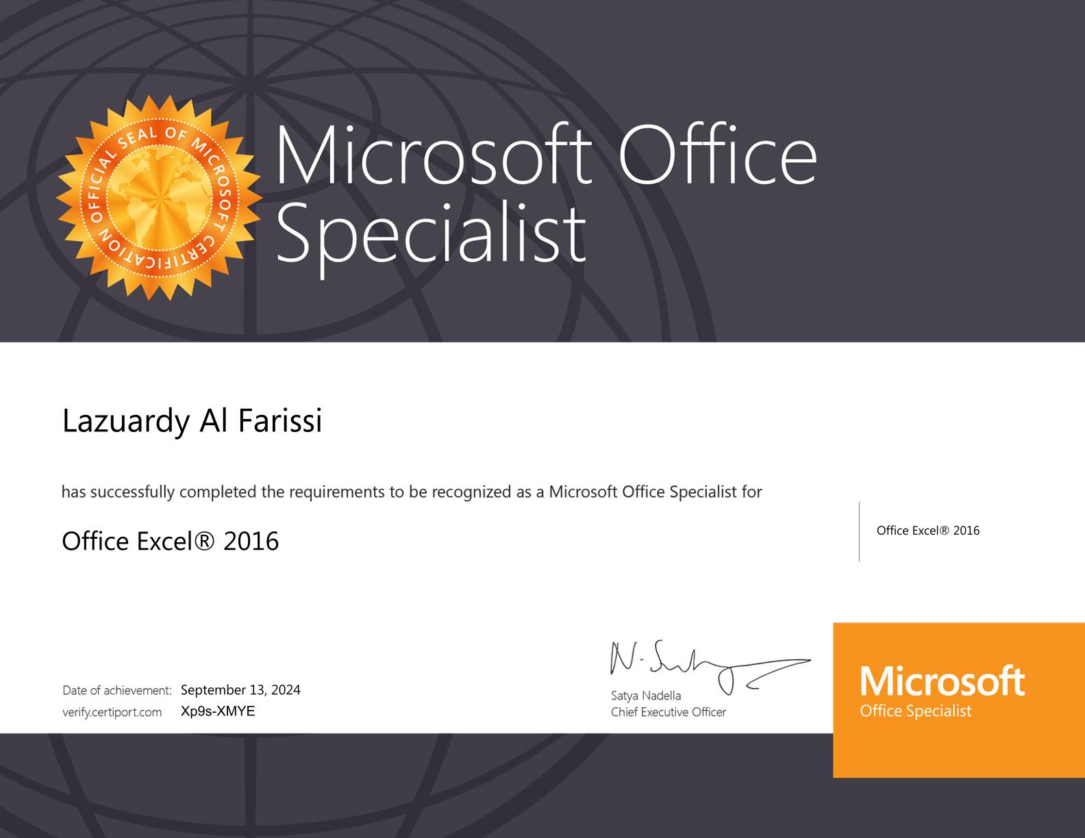 Sertifikat Microsoft Office Specialist Excel 2016 — Lazuardy Al Farissi